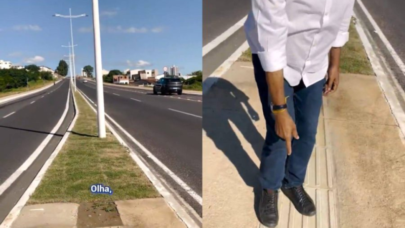 Piso tátil da Av. Presidente Vargas termina em poste; Governo do Estado é criticado nas redes sociais